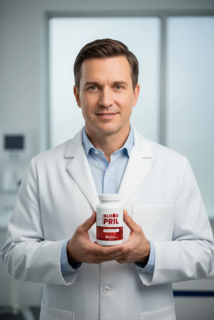 Doctor holding a bottle of BloodPril